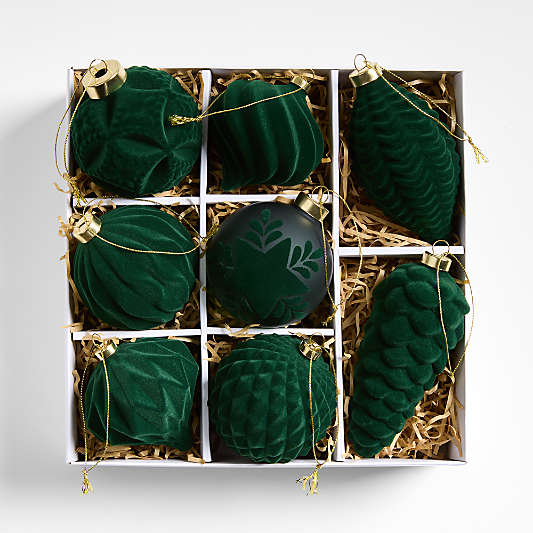 Green Velvet Christmas Ornaments, Boxed Set of 8