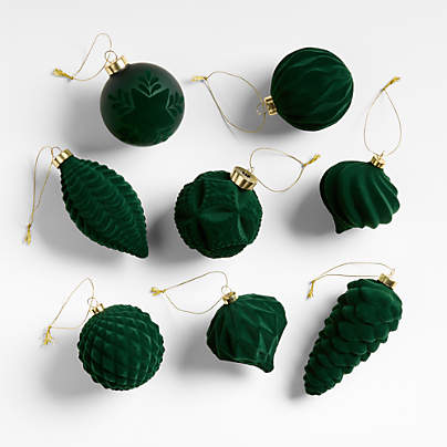 Green Velvet Christmas Ornaments, Boxed Set of 8
