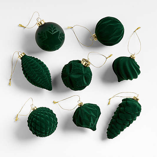 Green Velvet Christmas Ornaments, Boxed Set of 8