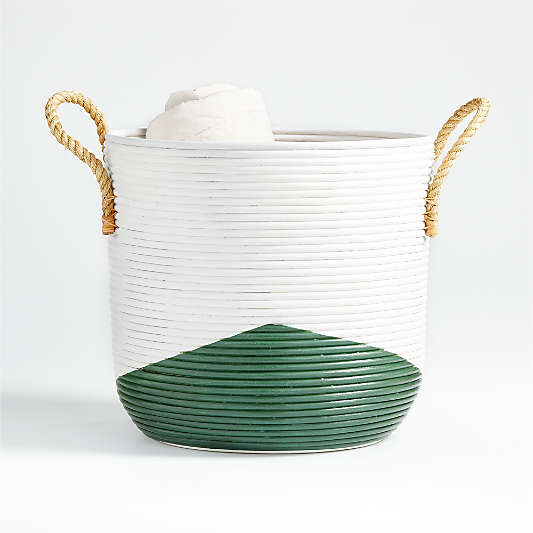 Green and White Coiled Rattan Basket