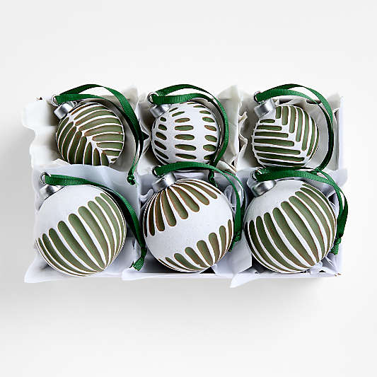 Green & White Ceramic Christmas Ornament, Set of 6