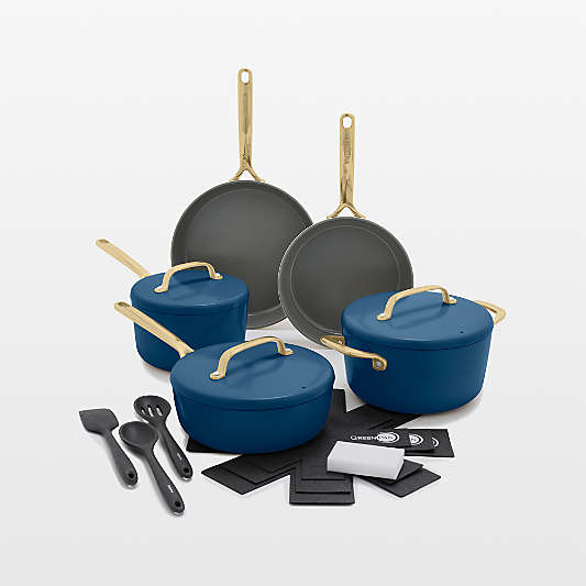 GreenPan ™ GP5 Marine Blue Ceramic Non-Stick 14-Piece Cookware Set with Champagne Handles