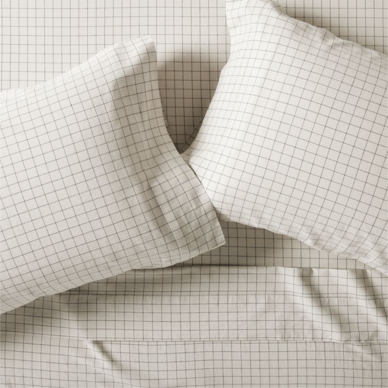Organic Cotton Grid Natural and Midnight Navy King Bed Sheet Set