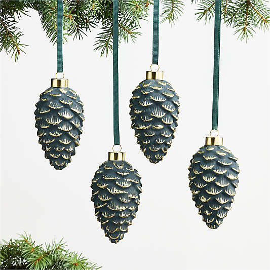 Green and Brass Pinecone Christmas Tree Ornament, Set of 4