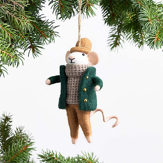 Felted Wool Mouse with Green Cardigan Christmas Tree Ornament