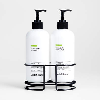 Geranium + Bergamot Hand Soap and Lotion Set with Matte Black Caddy