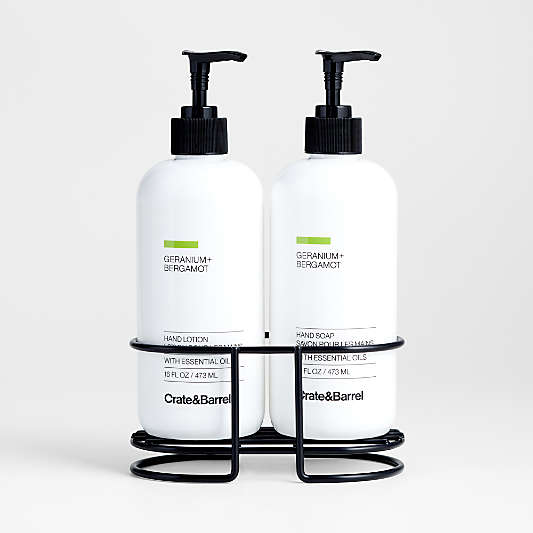 Geranium + Bergamot Hand Soap and Lotion Set with Matte Black Caddy