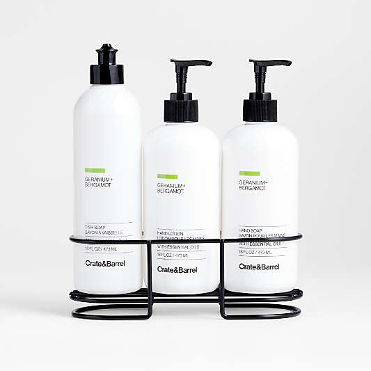 Geranium + Bergamot Hand Soap, Lotion and Dish Soap Set with Matte Black Caddy