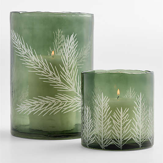 Green Etched Pine Hurricane Glass Candle Holders