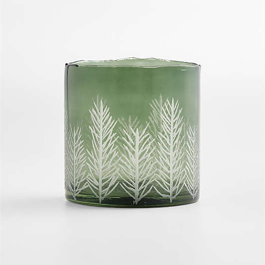 Green Etched Pine Hurricane Glass Candle Holders