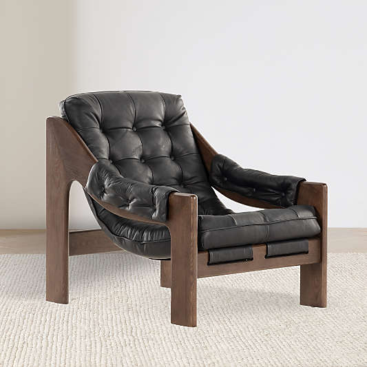 Halston Tufted Black Leather and Wood Accent Chair
