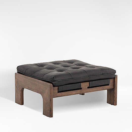 Halston 27.25" Tufted Black Leather and Wood Ottoman
