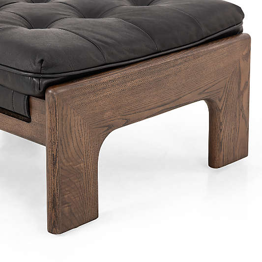 Halston 27.25" Tufted Black Leather and Wood Ottoman