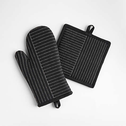 Crate & Barrel Hanno Black Embroidered Organic Cotton Oven Mitt