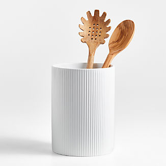 Olivewood and Matte Ceramic Utensil Holder