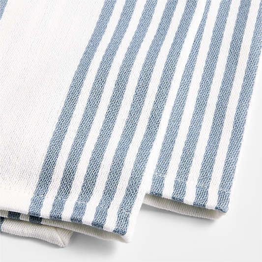 Cuisine White with Harbor Blue Stripe Organic Cotton Kitchen Dish Towel, Set of 2