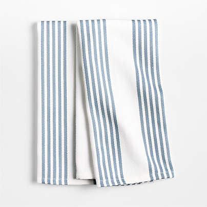 Cuisine White with Harbor Blue Stripe Organic Cotton Kitchen Dish Towel, Set of 2