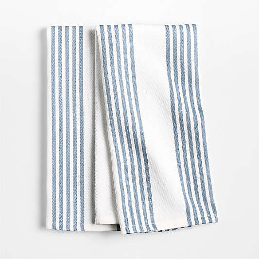 Cuisine White with Harbor Blue Stripe Organic Cotton Kitchen Dish Towel, Set of 2