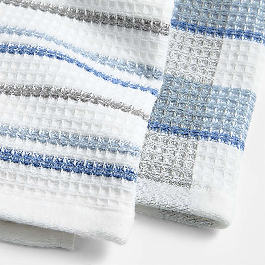 Waffle-Terry Plaid & Stripe Harbor Blue Organic Cotton Kitchen Dish Towel, Set of 2