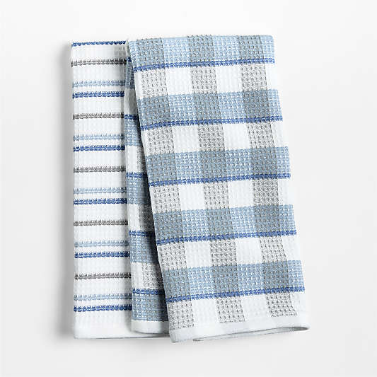 Waffle-Terry Plaid & Stripe Harbor Blue Organic Cotton Kitchen Dish Towel, Set of 2