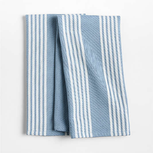 Cuisine Harbor Blue with White Stripe Organic Cotton Kitchen Dish Towels, Set of 2
