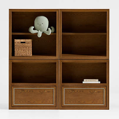 Hawes 64" Set of 2 Modular Hazlenut Oak Wood Kids Open Bookcases with Drawers by Jake Arnold