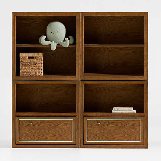 Hawes 64" Set of 2 Modular Hazlenut Oak Wood Kids Open Bookcases with Drawers by Jake Arnold