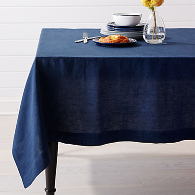 View Marin Deep Indigo Blue Linen Tablecloth 60"x120" details