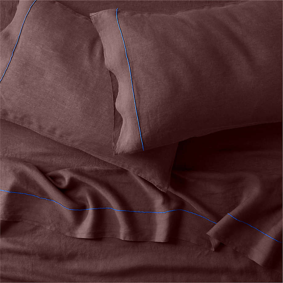 New Natural Hemp Merrow Stitch Cider Burgundy King Bed Sheet Set