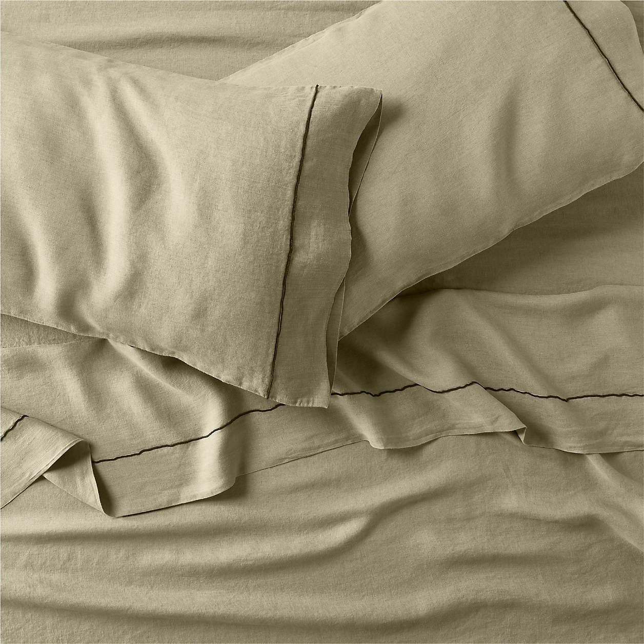Hemp Merrow Stitch Garden Green Queen Bed Sheet Set Crate & Barrel