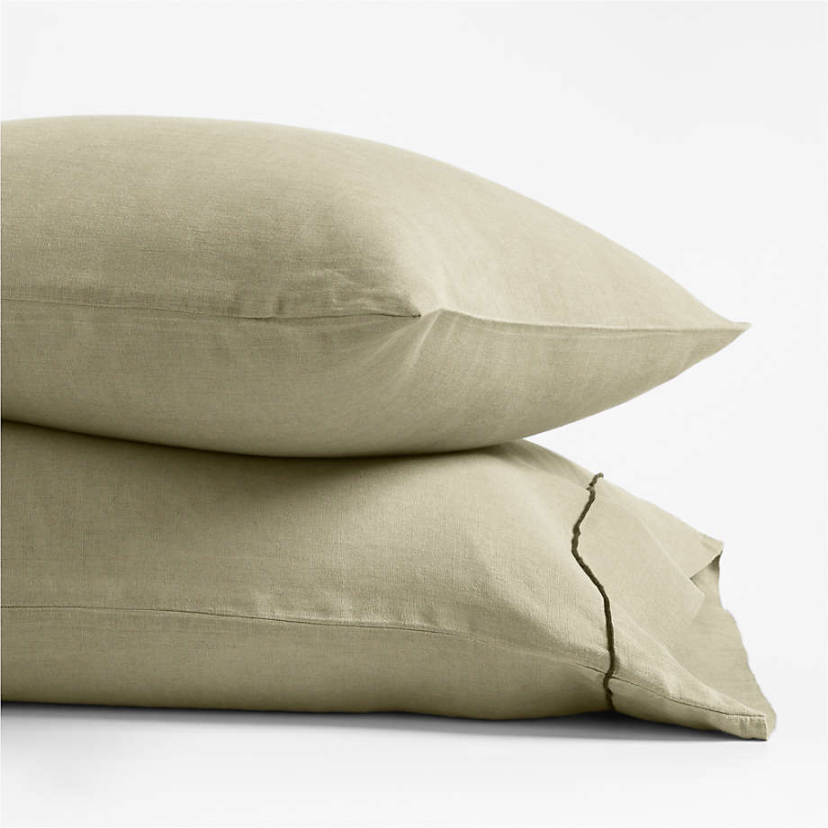Hemp Merrow Stitch Garden Green Standard Pillowcases, Set of 2