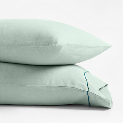 View Aire Natural Hemp Merrow Stitch Verte Green Standard Pillowcases, Set of 2 details