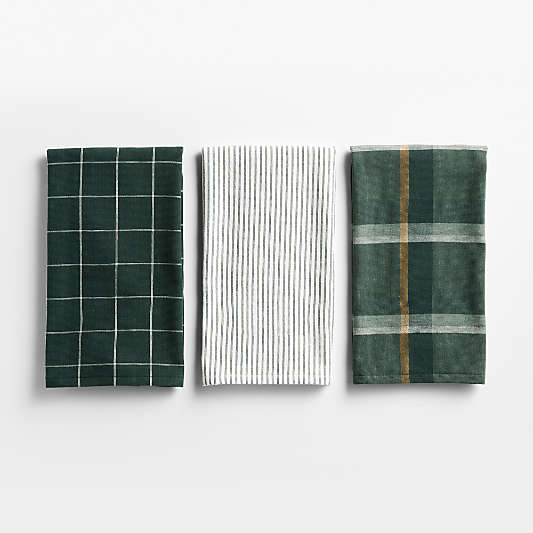 Holiday Green Plaid and Stripe Organic Cotton Kitchen Towels, Set of 3