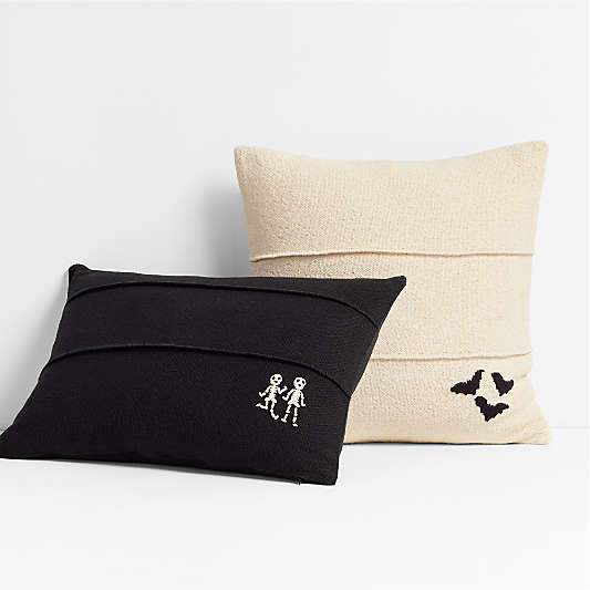 Halloween Embroidered Skeleton 24"x16" Ink Black Throw Pillow Cover by Joan Anderson