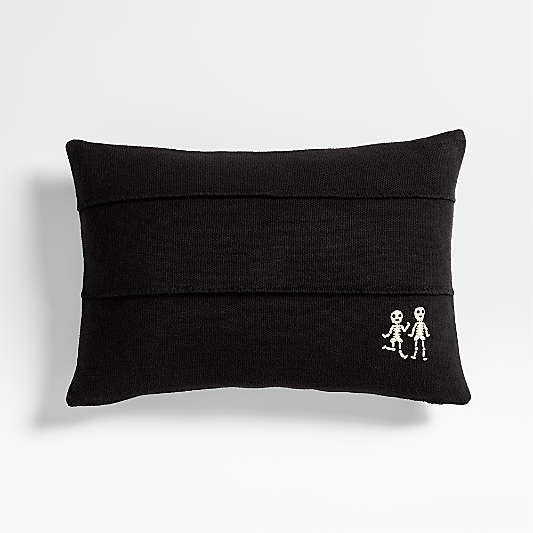 Halloween Embroidered Skeleton 24"x16" Ink Black Throw Pillow Cover by Joan Anderson