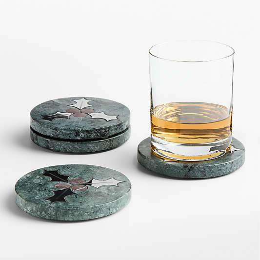 Holly Berry Green Marble Coasters, Set of 4
