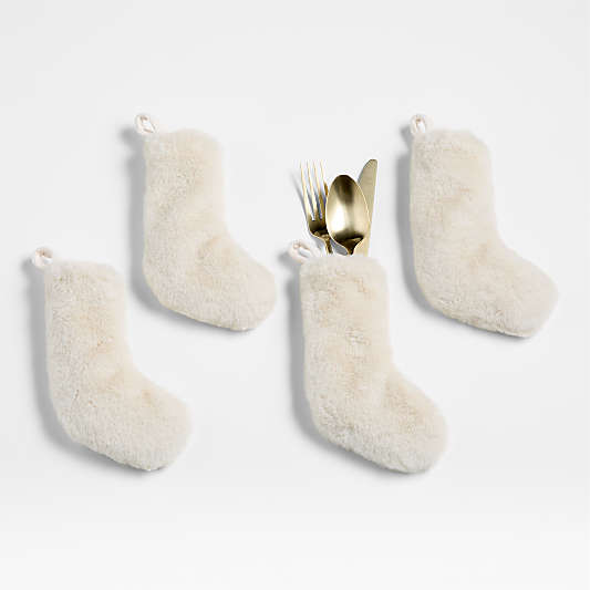 Holiday Faux Fur Ivory Flatware Stocking, Set of 4