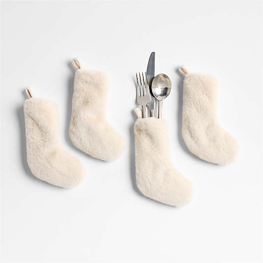 Holiday Faux Fur Ivory Flatware Stocking, Set of 4