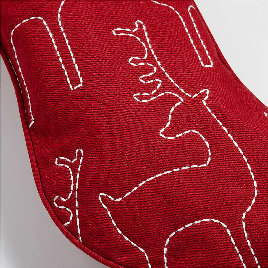 Red Linen-Cotton Blend Embroidered Reindeer Christmas Stocking