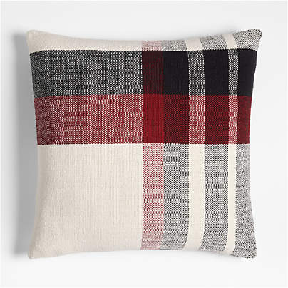 Holiday Plaid Organic Cotton 23"x23" Luminous Red Throw Pillow with Feather Insert
