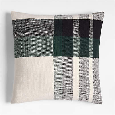 Holiday Plaid Organic Cotton 23"x23" Spruce Green Throw Pillow with Feather Insert