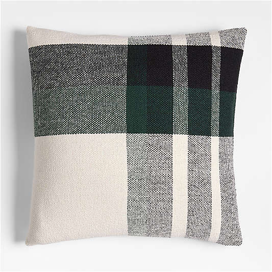 Holiday Plaid Organic Cotton 23"x23" Spruce Green Throw Pillow with Down-Alternative Insert