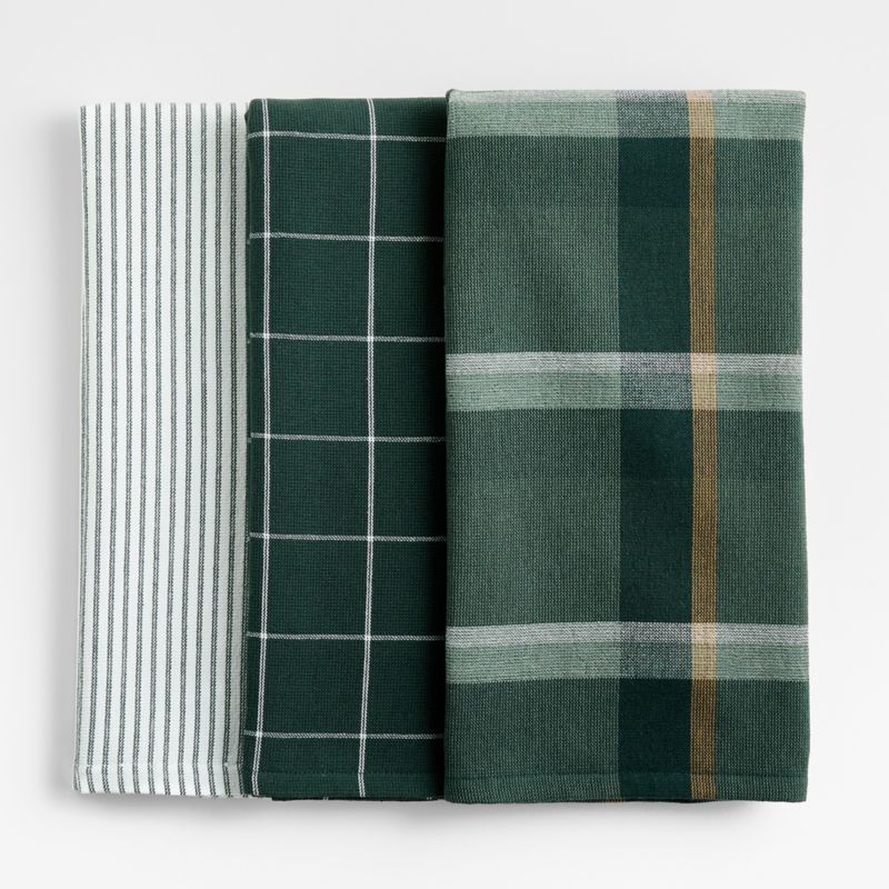 Holiday Green Plaid and Stripe Organic Cotton Kitchen Towels, Set of 3 | Crate & Barrel
