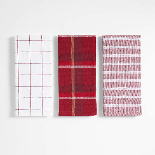 Holiday Red Plaid and Stripe Organic Cotton Kitchen Towels, Set of 3