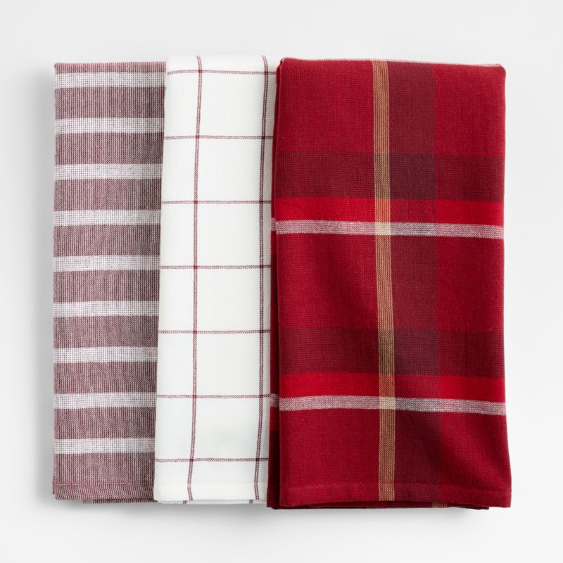 Holiday Red Plaid and Stripe Organic Cotton Kitchen Towels, Set of 3 - image 0 of 6