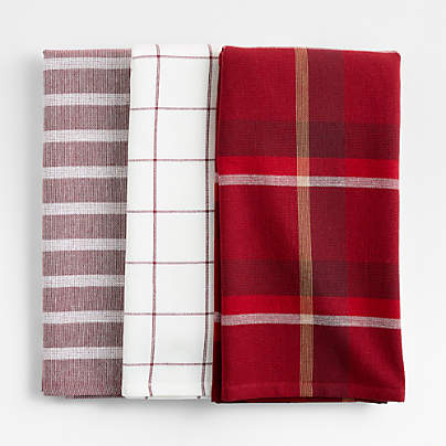 Holiday Red Plaid and Stripe Organic Cotton Kitchen Towels, Set of 3