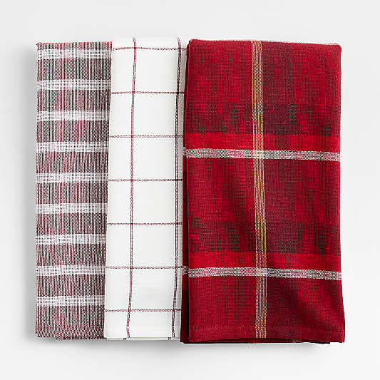 Holiday Red Plaid and Stripe Organic Cotton Kitchen Towels, Set of 3