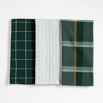 View Holiday Green Plaid and Stripe Organic Cotton Kitchen Towels, Set of 3 details
