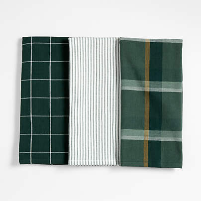 Holiday Green Plaid and Stripe Organic Cotton Kitchen Towels, Set of 3