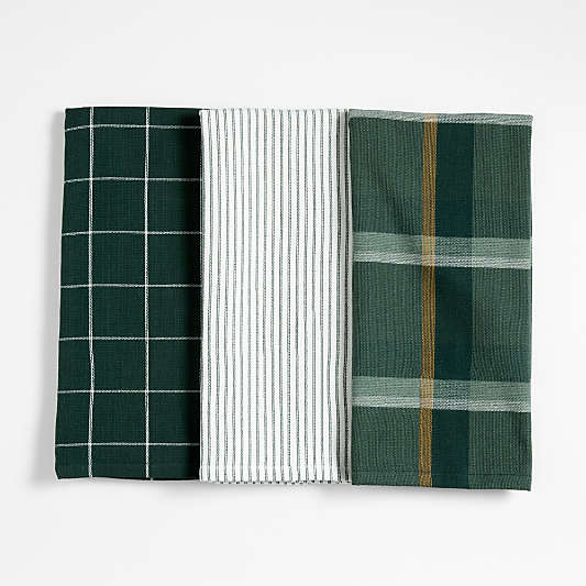 Holiday Green Plaid and Stripe Organic Cotton Kitchen Towels, Set of 3